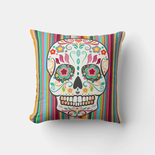 Feliz Muertos -砂糖のスカル及びストライプな装飾用クッション クッション (正面)