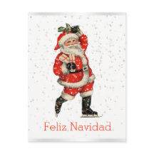 Feliz Navidadのヴィンテージの赤いサンタのスケートで滑るのスペイン語
