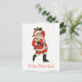 Feliz Navidadのヴィンテージの赤いサンタのスケートで滑るのスペイン語 シーズンポストカード (スタンド正面)