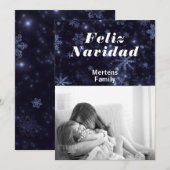 Feliz Navidadの写真とブルーフラットカードの雪の結晶 招待状 (正面/裏面)