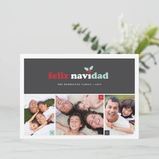 Feliz Navidadミニマリストブロック3写真クリスマス シーズンカード (スタンド正面)