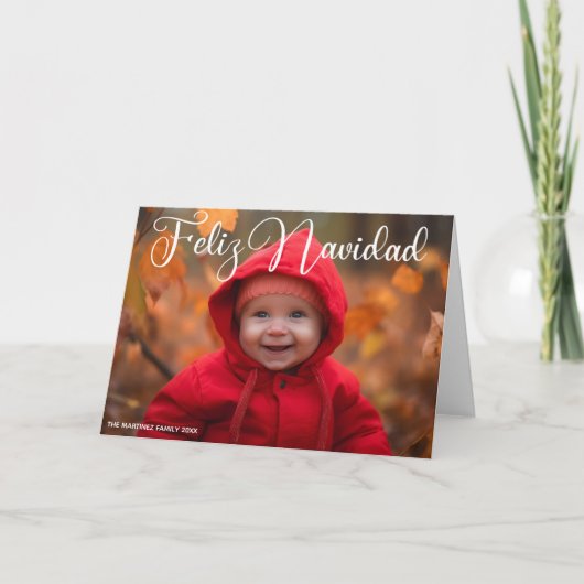 Feliz Navidad白いスクリプト写真の折り畳みクリスマス シーズンカード (正面)