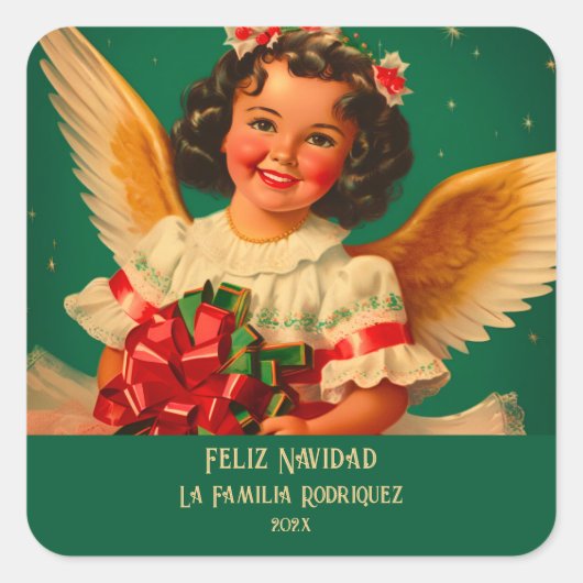 "Feliz Navidad"エンジェルクリスマスステッカー スクエアシール (正面)