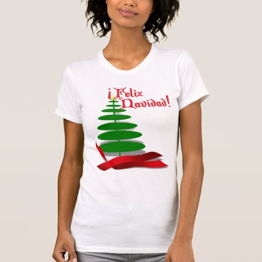 Feliz Navidad – クリスマスツリーと赤いリボン Tシャツ (正面)