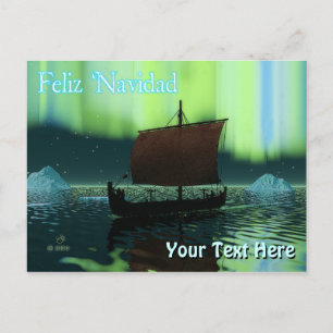 Feliz Navidad -バイキング船とノーザンライト ポストカード
