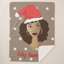 Feliz Navidad、黒人女性、白い星、ブラウン シェルパブランケット