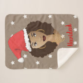 Feliz Navidad、黒人女性、白い星、ブラウン シェルパブランケット (正面(横))
