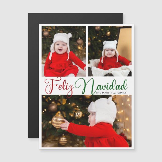 Feliz Navidad 3 Photo Cute Christmas Magnet Card (正面/裏面)