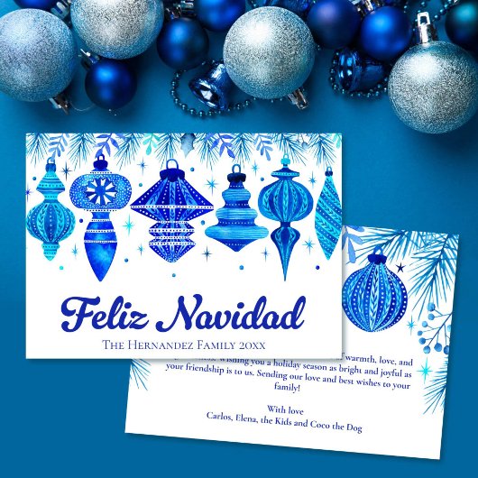 Feliz Navidad Baubles in Blue Water color Family シーズンカード