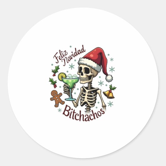 Feliz Navidad Bitchachos Funny Skull Spanish Merry ラウンドシール (正面)