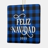Feliz Navidad Blue Buffalo Plaid Family Photo セラミックオーナメント (左)