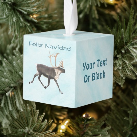 Feliz Navidad - Caribou （トナカイ） On Snow キューブオーナメント (ツリー)