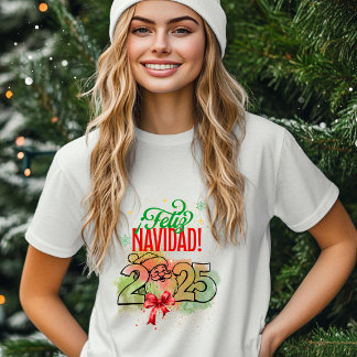  Feliz Navidad con Santa Claus y fondo acuarela Tシャツ