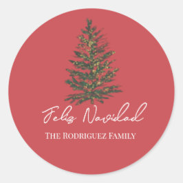 Feliz Navidad-Merry Christmas Tree and Lights  ラウンドシール