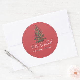 Feliz Navidad-Merry Christmas Tree and Lights  ラウンドシール