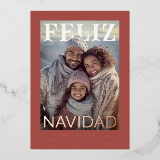 Feliz Navidad Modern Snowflake Photo 箔シーズンカード (正面)