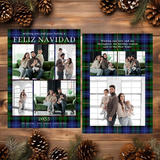 Feliz Navidad Multi Photo Grren Plaid Holiday Card シーズンカード