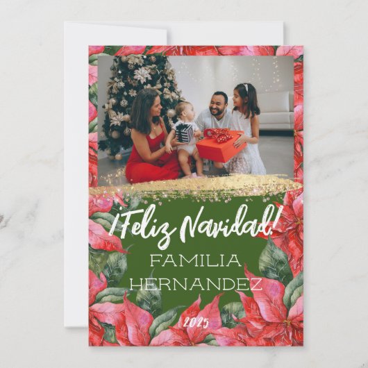 Feliz Navidad Poinsettia家族の写真クリスマス シーズンカード (正面)