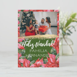 Feliz Navidad Poinsettia家族の写真クリスマス シーズンカード