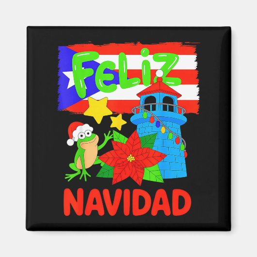 Feliz Navidad Puerto Rico Flag Floral Frog Boricua マグネット (正面)