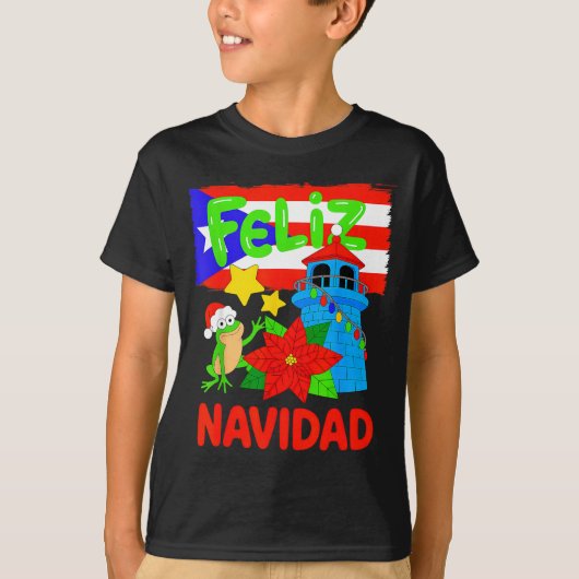 Feliz Navidad Puerto Rico Flag Floral Frog Boricua Tシャツ (正面)
