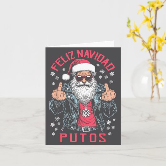 Feliz Navidad Putos Funny Rude Spanish Santa Middl カード (黄色い花)