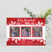 Feliz Navidad Red Snowflake 3フォトフェスティバルファミリー シーズンカード (スタンド正面)