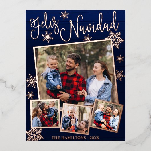Feliz Navidad Snowflake 素朴 4枚の写真コラージュ 箔シーズンポストカード (正面)