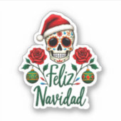 Feliz Navidad Sugar Skull Mexican Christmas T-Shir シール (正面)