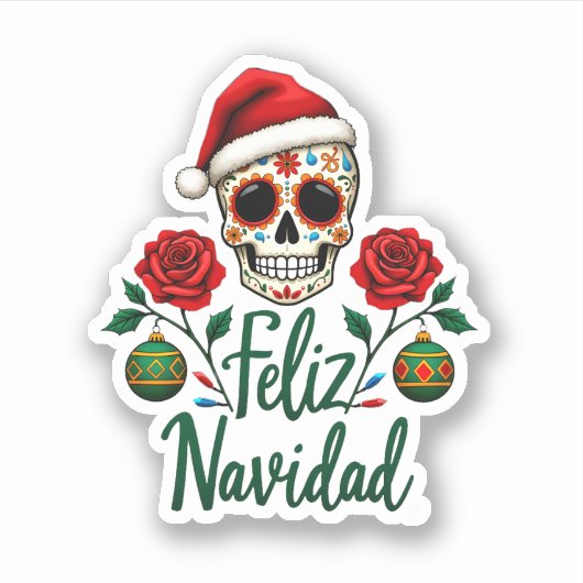 Feliz Navidad Sugar Skull Mexican Christmas T-Shir シール (正面)