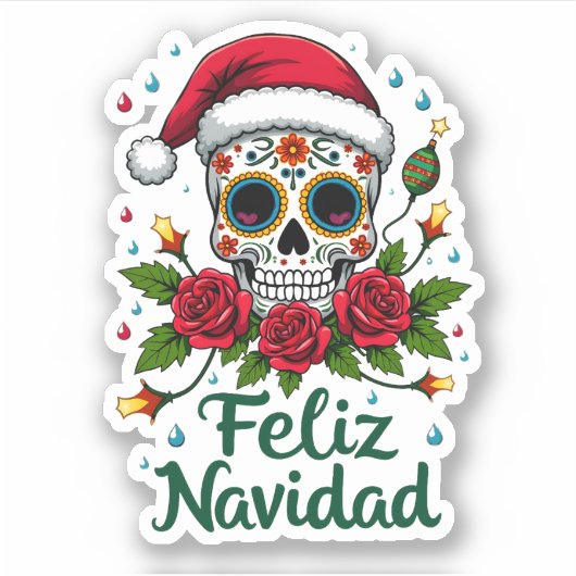Feliz Navidad Sugar Skull Mexican Christmas T-Shir シール (正面)
