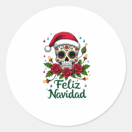 Feliz Navidad Sugar Skull Mexican Christmas T-Shir ラウンドシール (正面)