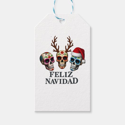 Feliz Navidad Sugar Skulls Reindeer Santa Mexican  ギフトタグ (正面)
