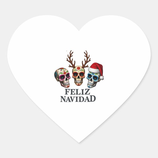 Feliz Navidad Sugar Skulls Reindeer Santa Mexican  ハートシール (正面)