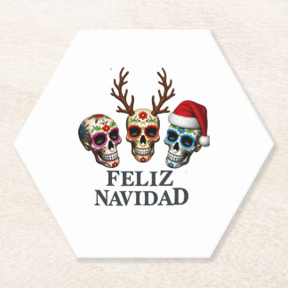 Feliz Navidad Sugar Skulls Reindeer Santa Mexican  ペーパーコースター