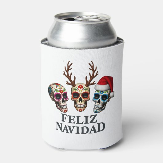 Feliz Navidad Sugar Skulls Reindeer Santa Mexican 缶クーラー (缶正面)