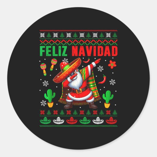Feliz Navidad Xmas Sweater Santa Sombrero Dabbing  ラウンドシール (正面)