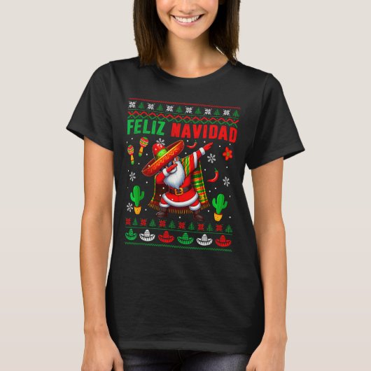 Feliz Navidad Xmas Sweater Santa Sombrero Dabbing  Tシャツ (正面)