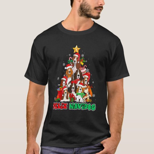 Feliz Navidog Feliz Navidad Christmas Basset Hound Tシャツ (正面)