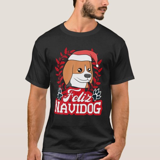 FELIZ NAVIDOG Navidad Beagle Santa Hat メリー Chris Tシャツ (正面)