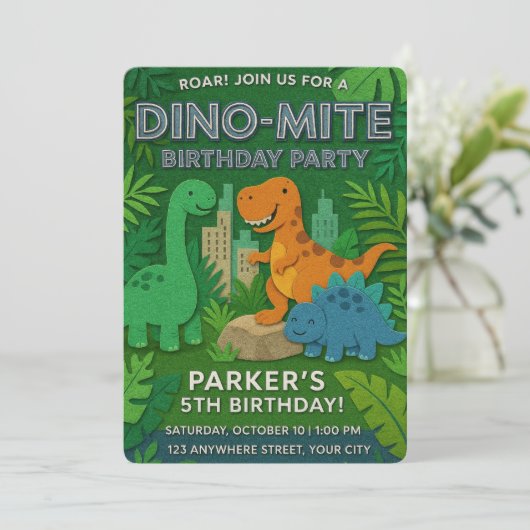 Felt Texture Jurassic Playground Dinosaur Birthday 招待状 (スタンド正面)