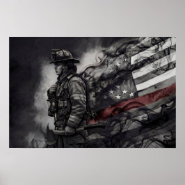 Female Firefighter Red Line American Flag Tribute ポスター