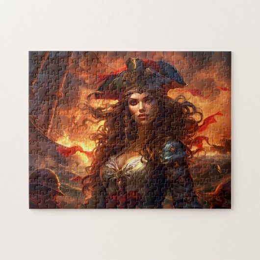 Female Pirate Before Burning Ship Fantasy Painting ジグソーパズル (横)