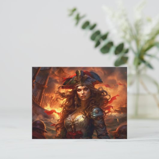 Female Pirate Before Burning Ship Fantasy Painting ポストカード (スタンド正面)