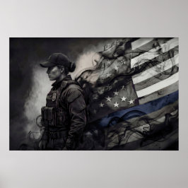 Female Police Tribute Blue Line American Flag LEO ポスター