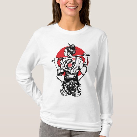 Female Samurai Warrior – Dragon Rose Tattoo Japane Tシャツ (正面)