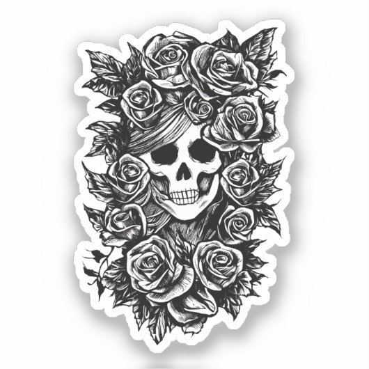 Female Skull Roses Goth Original ink drawing Art  シール (正面)