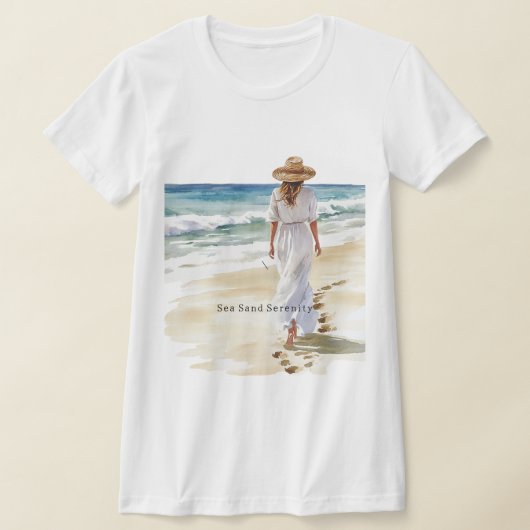 Female White Dress Beach Sea Sand Serenity Tシャツ (レイダウン)
