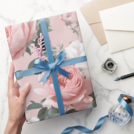Feminine Baby Pink Rose White Floral Pattern ラッピングペーパー