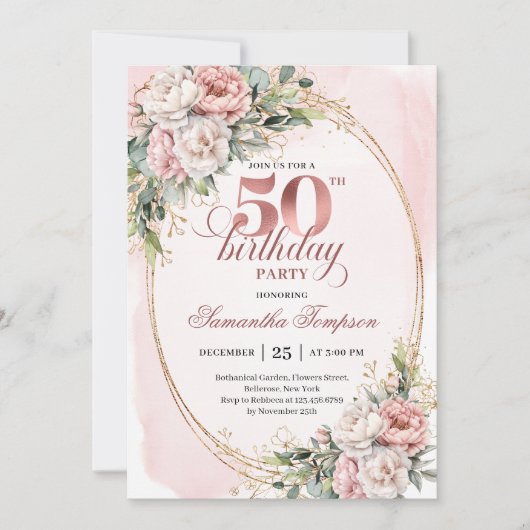 Feminine Blush Floral 50th Birthday Celebration  招待状 (正面)